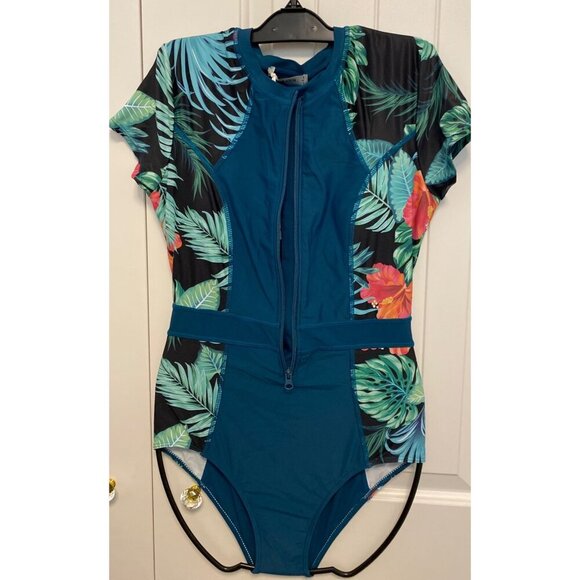 Grace Karin Womens Tropical Floral Short Sleeve Zip Swimsuit, NWT, Small - Picture 3 of 6
